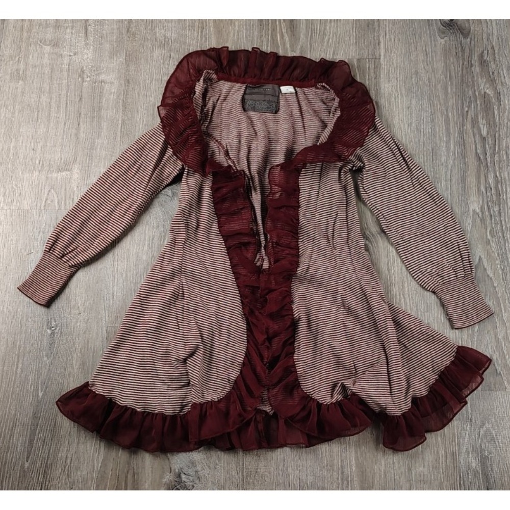 GUINEVERE XS‎ Anthropologie Cardigan Knit Top Ruffle Edge Burgundy Stripe Hook
